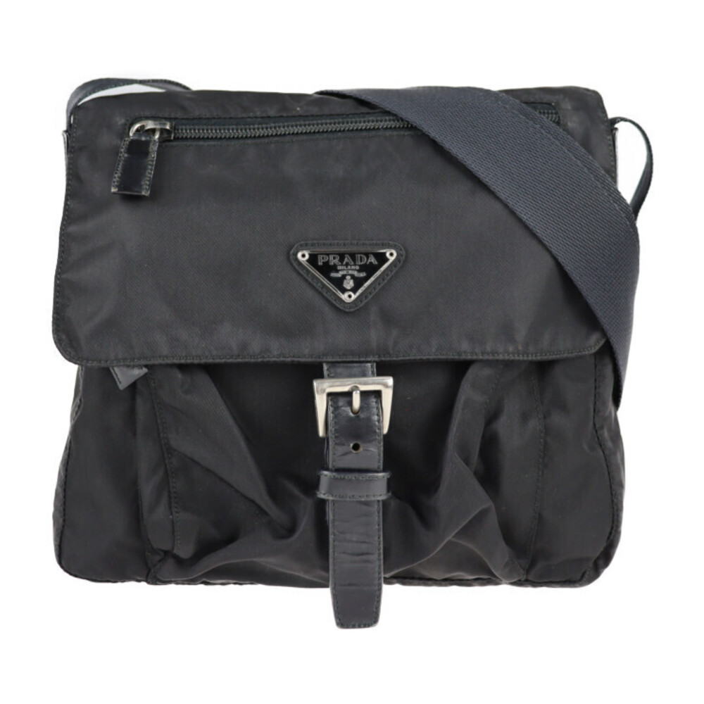 PRADA VELA Shoulder Bag Leather Black Triangular Closure